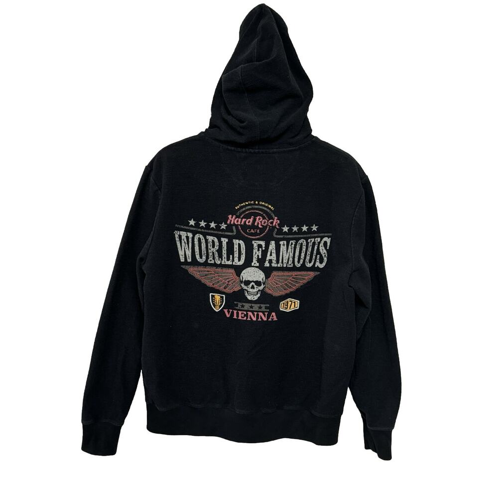 HARD ROCK CAFE Vienna Austria Rare Fleece Full Zip Hooded Jacket Black Size XL